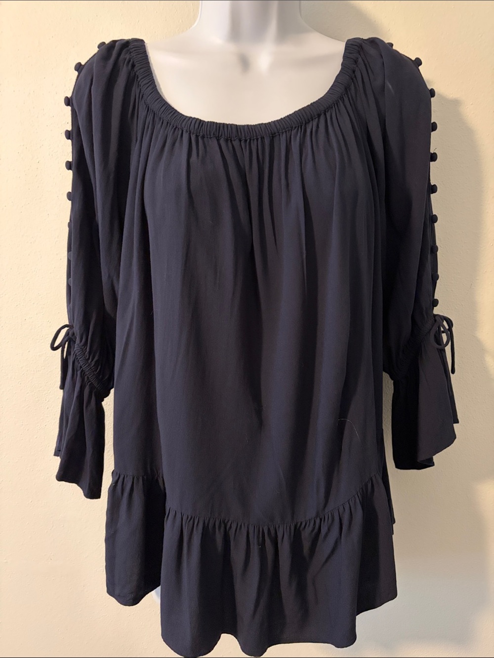 LOFT Navy Peasant Tunic with Button-Dot Sleeve Detail